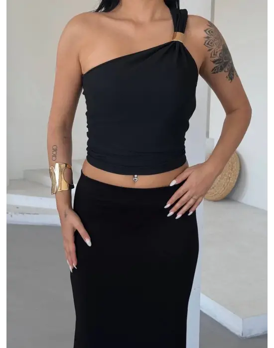 Tek Omuzlu Otoman Kumaş Gold Metal Detaylı Bluz