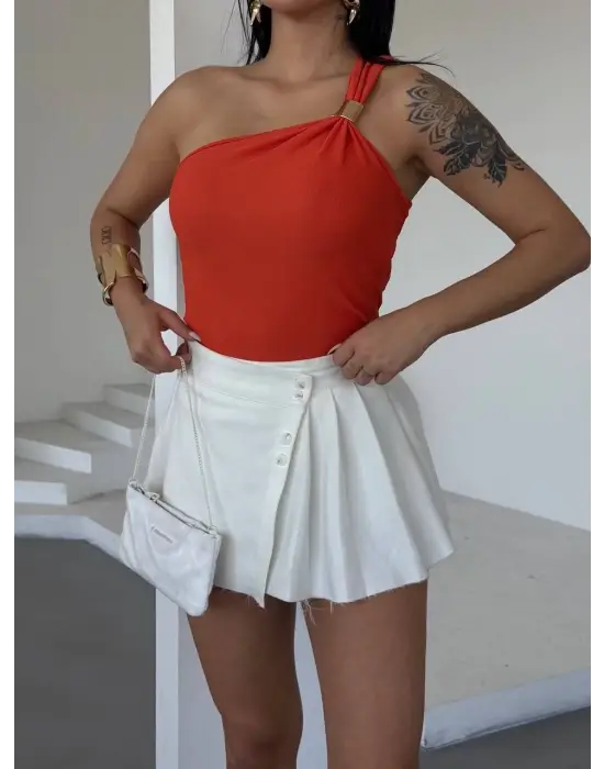 Tek Omuzlu Otoman Kumaş Gold Metal Detaylı Bluz