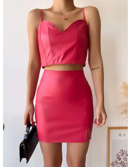 Tek Yırtmaçlı Arkadan Fermuarlı Deri Etek Fuşya S24475