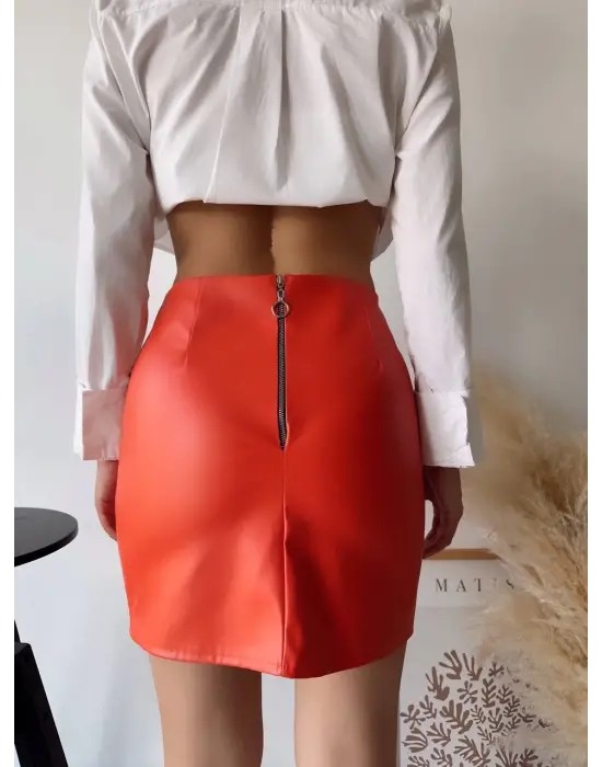 Tek Yırtmaçlı Arkadan Fermuarlı Deri Etek Turuncu S24475