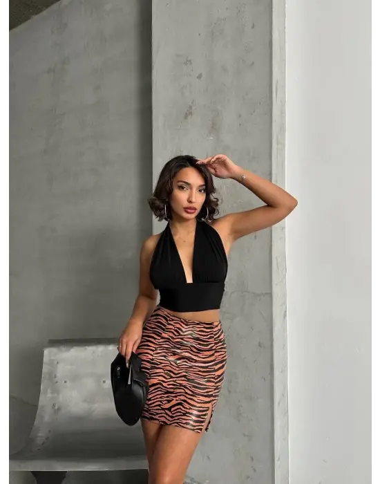 Tek Yırtmaçlı Zebra Desenli Deri Etek Kahvesiyah W24475-s