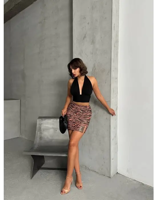 Tek Yırtmaçlı Zebra Desenli Deri Etek Kahvesiyah W24475-s