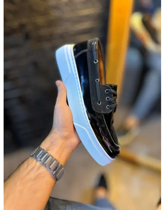 Terzi Bey Yüksek Taban Günlük Ayakkabı 700 Siyah Rugan (beyaz Taban)