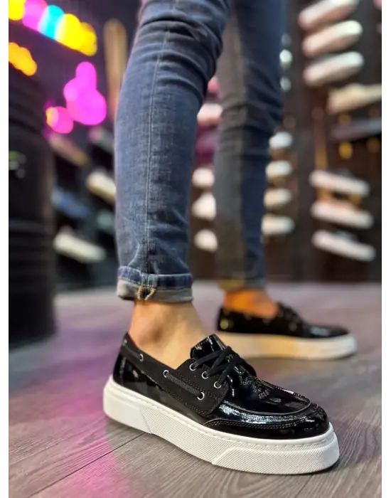 Terzi Bey Yüksek Taban Günlük Ayakkabı 700 Siyah Rugan (beyaz Taban)