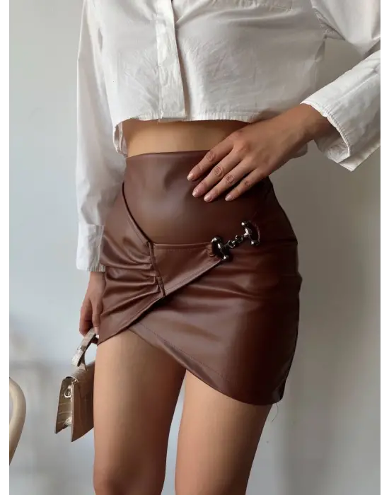 Tokalı Deri Etek Kahve S240097