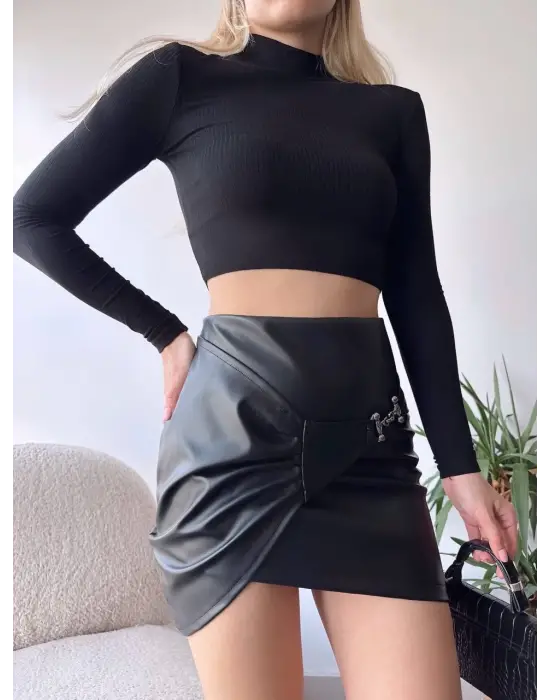 Tokalı Deri Etek Siyah S240097