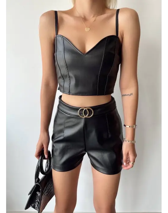 Tokalı Deri Şort Siyah S24444