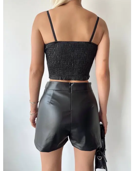 Tokalı Deri Şort Siyah S24444