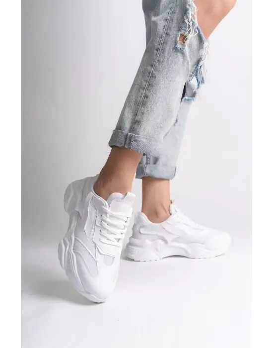 Tokyo Bağcıklı Ortopedik Taban Triko Detaylı Kadın Spor Ayakkabı  Bt - Beyaz