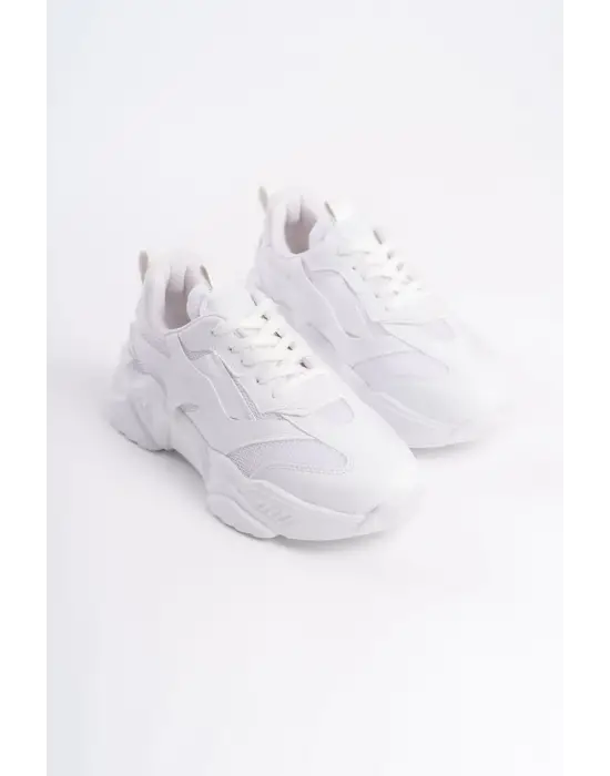 Tokyo Bağcıklı Ortopedik Taban Triko Detaylı Kadın Spor Ayakkabı  Bt - Beyaz