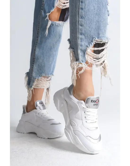 Tokyo Bağcıklı Ortopedik Taban Triko Detaylı Kadın Spor Ayakkabı  Bt - Beyaz/gri