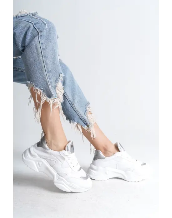 Tokyo Bağcıklı Ortopedik Taban Triko Detaylı Kadın Spor Ayakkabı  Bt - Beyaz/gri