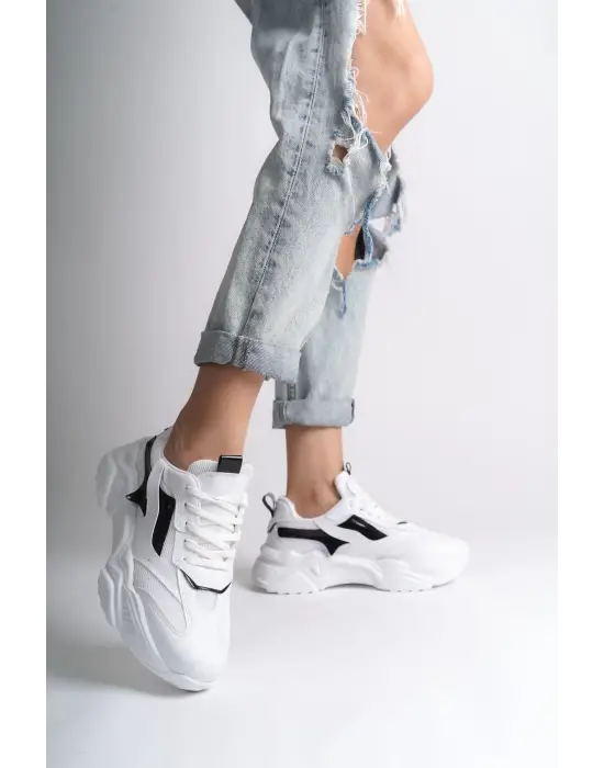 Tokyo Bağcıklı Ortopedik Taban Triko Detaylı Kadın Spor Ayakkabı  Bt - Beyaz/siyah