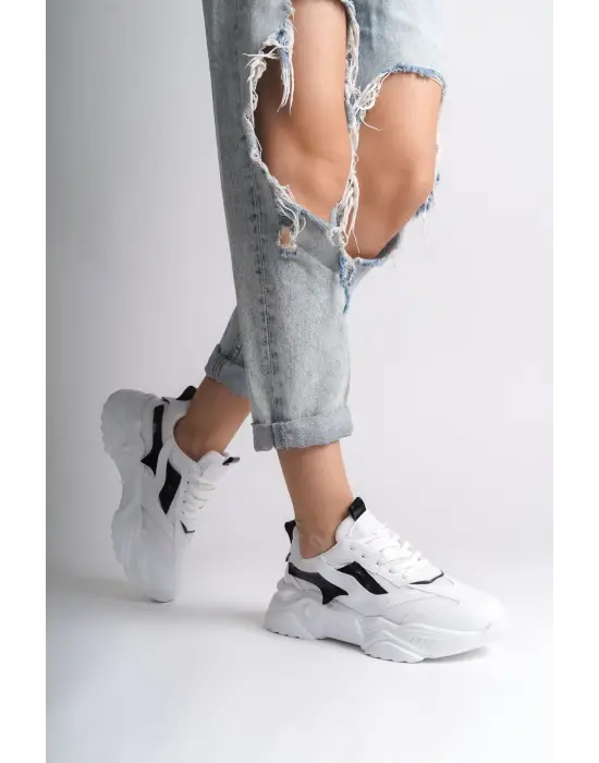 Tokyo Bağcıklı Ortopedik Taban Triko Detaylı Kadın Spor Ayakkabı  Bt - Beyaz/siyah