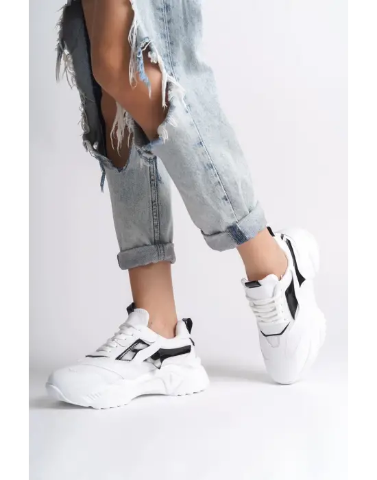 Tokyo Bağcıklı Ortopedik Taban Triko Detaylı Kadın Spor Ayakkabı  Bt - Beyaz/siyah