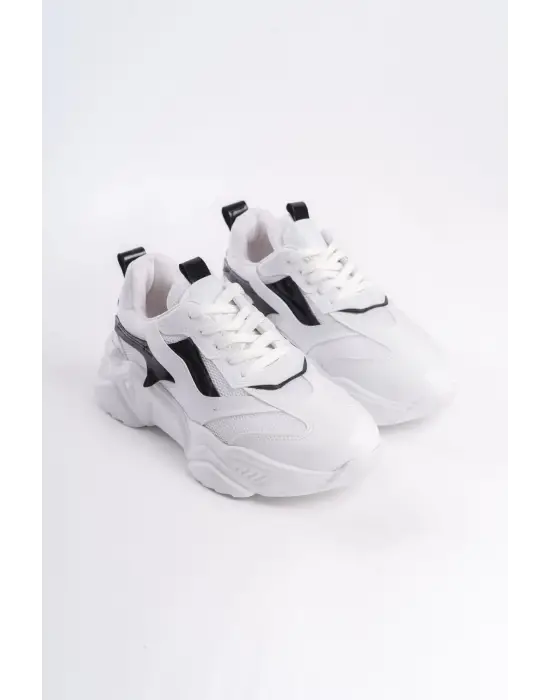 Tokyo Bağcıklı Ortopedik Taban Triko Detaylı Kadın Spor Ayakkabı  Bt - Beyaz/siyah
