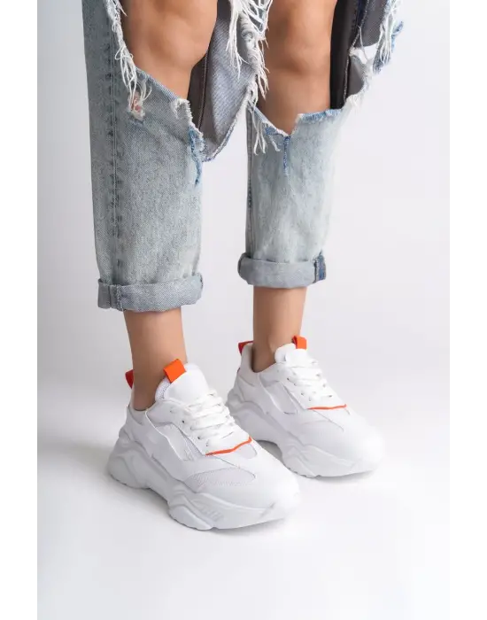 Tokyo Bağcıklı Ortopedik Taban Triko Detaylı Kadın Spor Ayakkabı  Bt - Beyaz/turuncu