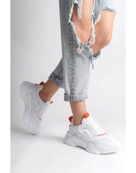 Tokyo Bağcıklı Ortopedik Taban Triko Detaylı Kadın Spor Ayakkabı  Bt - Beyaz/turuncu