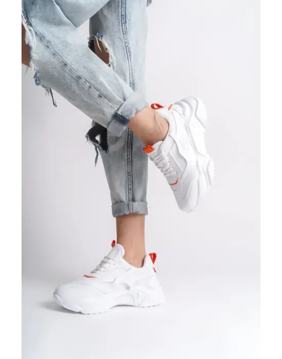 Tokyo Bağcıklı Ortopedik Taban Triko Detaylı Kadın Spor Ayakkabı  Bt - Beyaz/turuncu