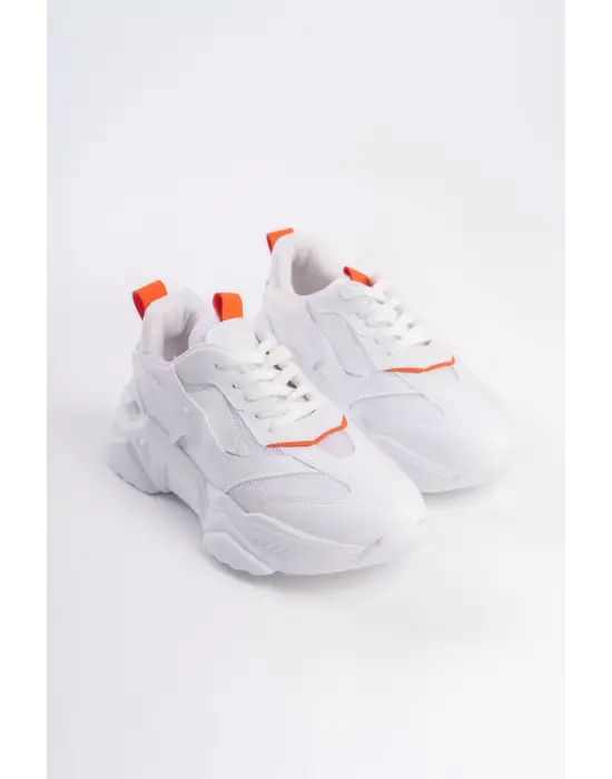 Tokyo Bağcıklı Ortopedik Taban Triko Detaylı Kadın Spor Ayakkabı  Bt - Beyaz/turuncu