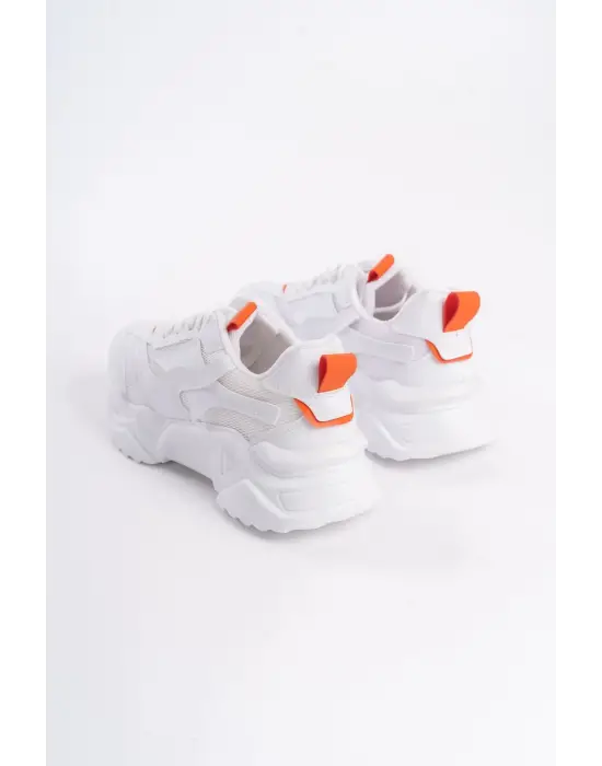 Tokyo Bağcıklı Ortopedik Taban Triko Detaylı Kadın Spor Ayakkabı  Bt - Beyaz/turuncu