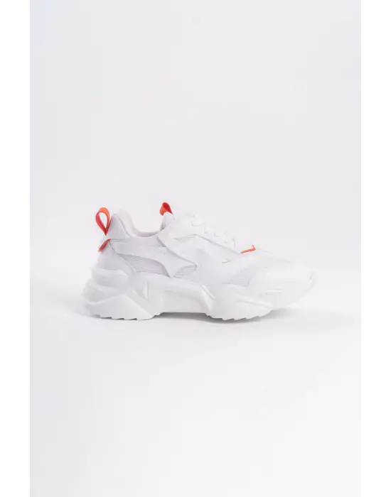 Tokyo Bağcıklı Ortopedik Taban Triko Detaylı Kadın Spor Ayakkabı  Bt - Beyaz/turuncu