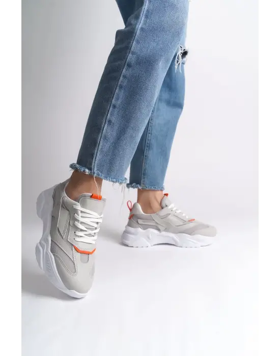 Tokyo Bağcıklı Ortopedik Taban Triko Detaylı Kadın Spor Ayakkabı  Bt - Gri/turuncu