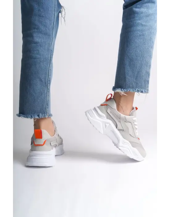 Tokyo Bağcıklı Ortopedik Taban Triko Detaylı Kadın Spor Ayakkabı  Bt - Gri/turuncu