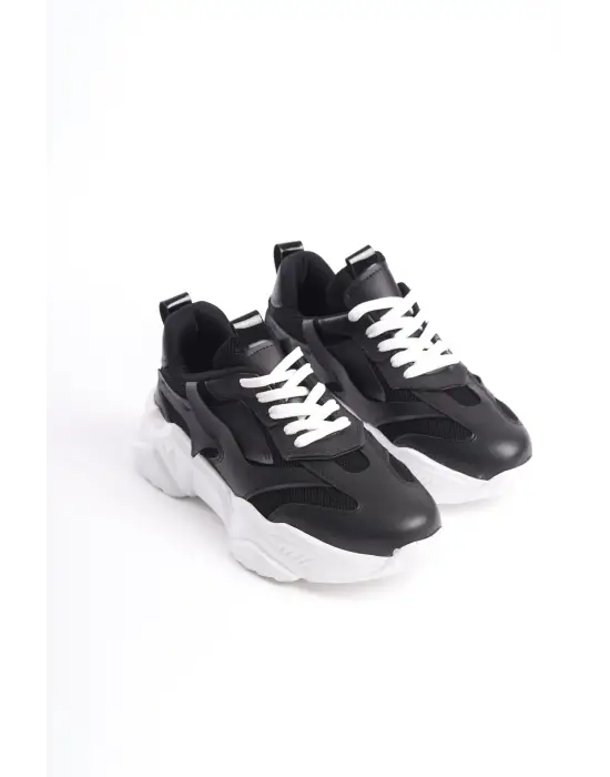 Tokyo Bağcıklı Ortopedik Taban Triko Detaylı Kadın Spor Ayakkabı  Bt - Siyah