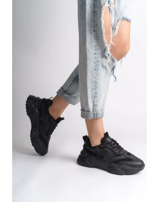 Tokyo Bağcıklı Ortopedik Taban Triko Detaylı Kadın Spor Ayakkabı - St Siyah