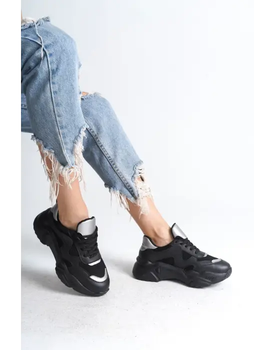 Tokyo Bağcıklı Ortopedik Taban Triko Detaylı Kadın Spor Ayakkabı  St - Siyah/gri