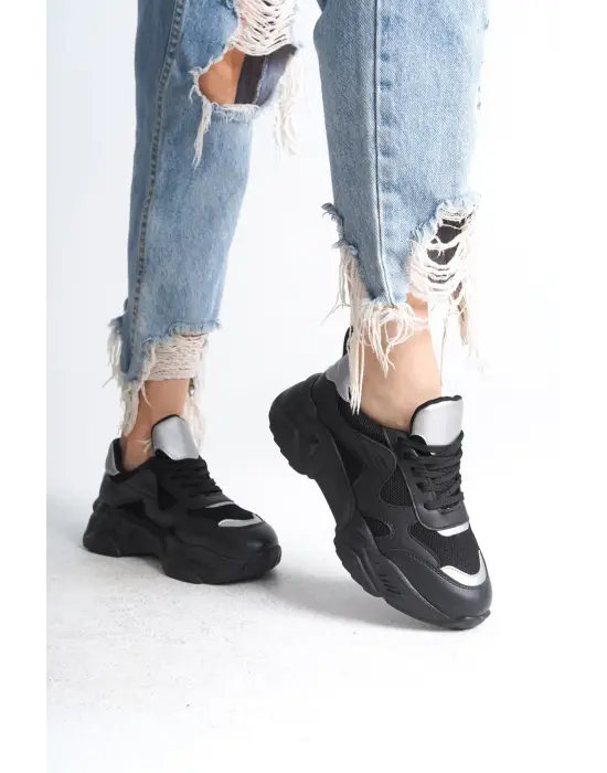 Tokyo Bağcıklı Ortopedik Taban Triko Detaylı Kadın Spor Ayakkabı  St - Siyah/gri