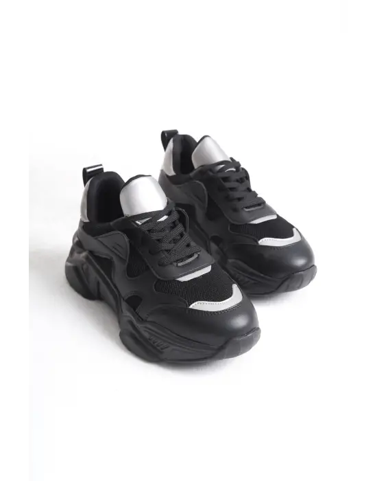 Tokyo Bağcıklı Ortopedik Taban Triko Detaylı Kadın Spor Ayakkabı  St - Siyah/gri