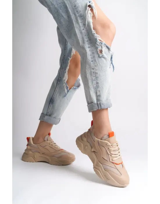 Tokyo Bağcıklı Ortopedik Taban Triko Detaylı Kadın Spor Ayakkabı  Tt - Ten/turuncu