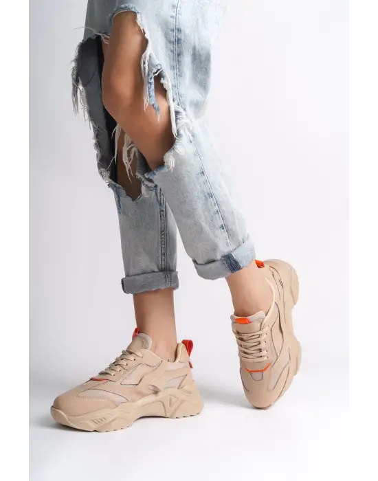 Tokyo Bağcıklı Ortopedik Taban Triko Detaylı Kadın Spor Ayakkabı  Tt - Ten/turuncu