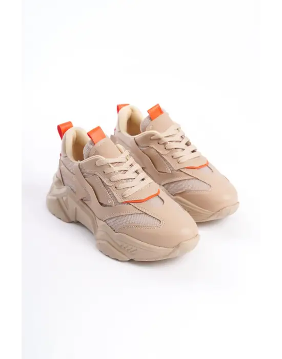 Tokyo Bağcıklı Ortopedik Taban Triko Detaylı Kadın Spor Ayakkabı  Tt - Ten/turuncu