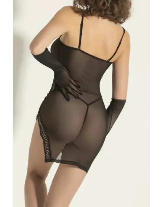 Transparan Dantel Detaylı Fantazi Gecelik Takımı,siyah Seksi Babydoll