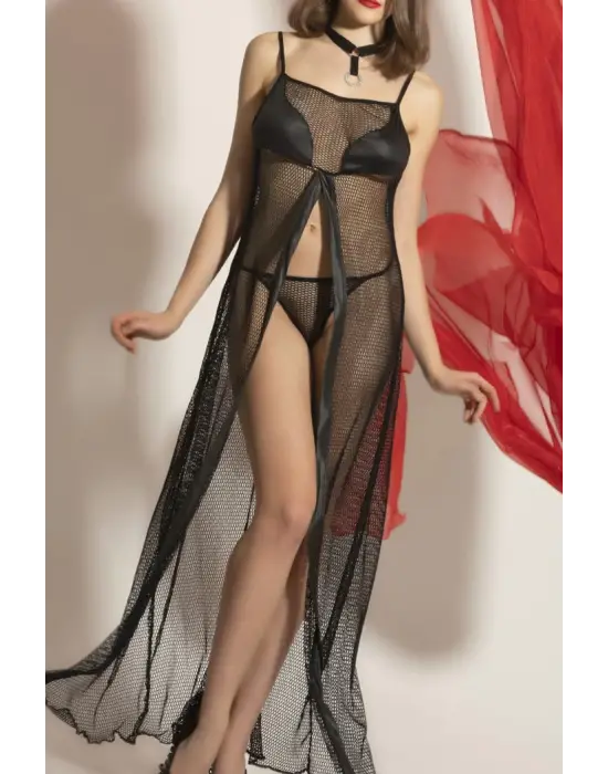 Transparan Fileli Uzun Babydoll Takım,dantel Detaylı Gecelik,tanga,boyunluk 3lü Set