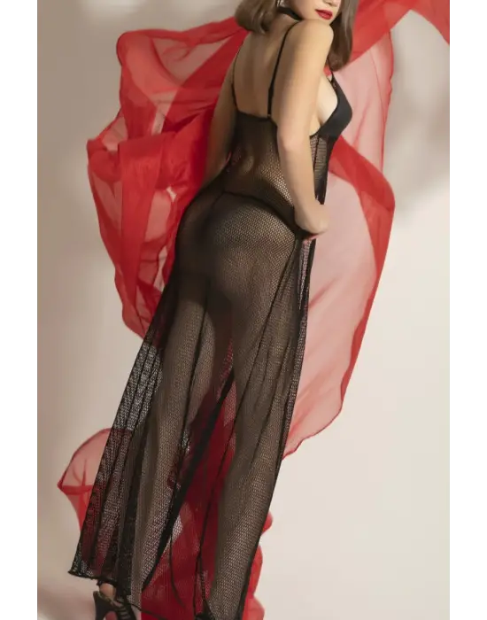 Transparan Fileli Uzun Babydoll Takım,dantel Detaylı Gecelik,tanga,boyunluk 3lü Set