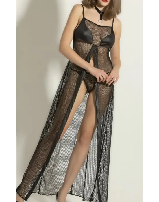 Transparan Fileli Uzun Babydoll Takım,dantel Detaylı Gecelik,tanga,boyunluk 3lü Set