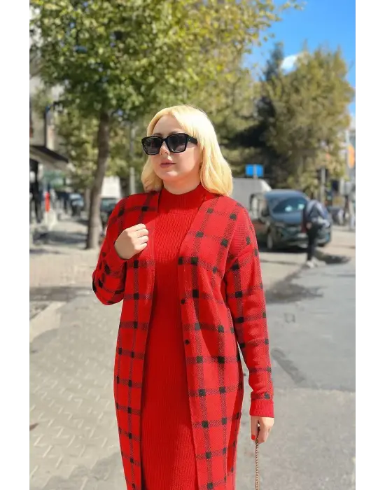 Triko Hırka Elbise İkili Takım Kırmızı