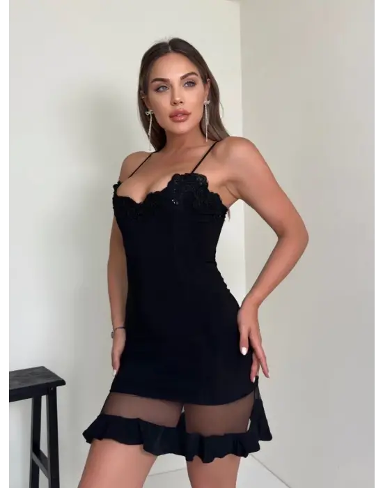 Tül Detaylı Mini Elbise