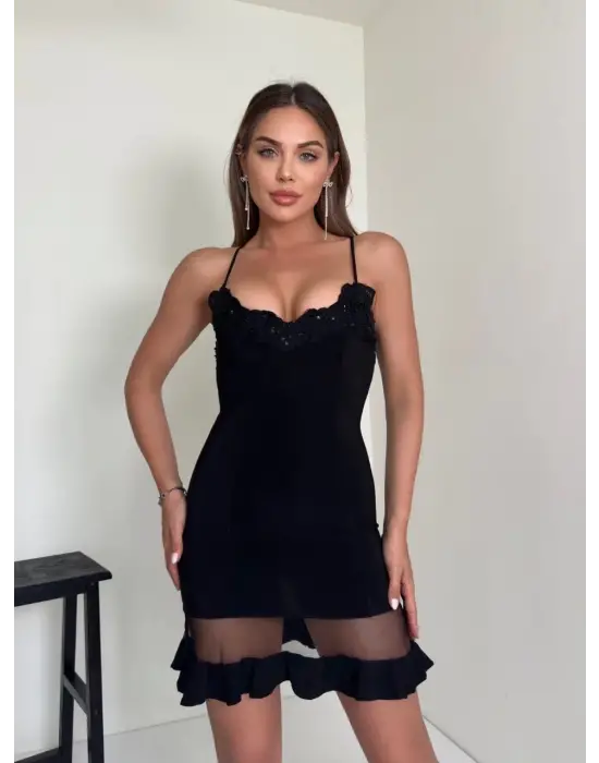 Tül Detaylı Mini Elbise