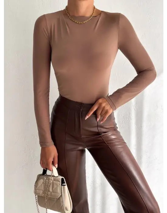 Tül Kollu Bluz Vizon F2252