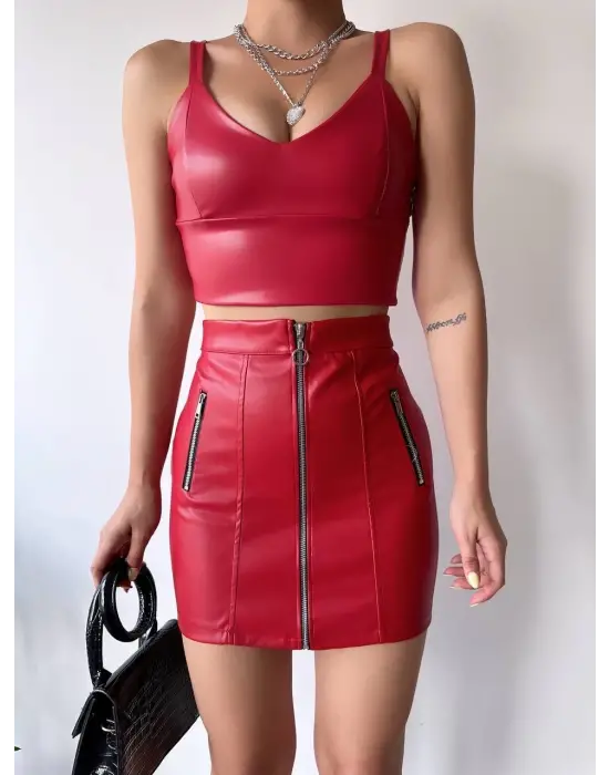 Üç Fermuarlı Deri Etek Bordo S24510