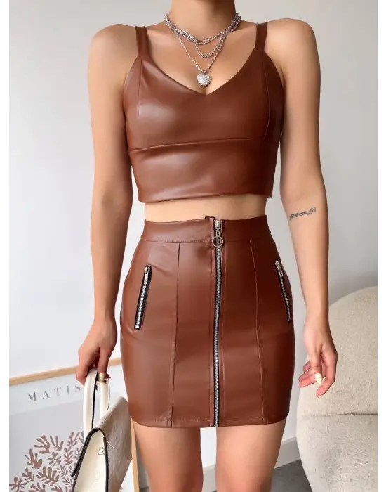 Üç Fermuarlı Deri Etek Kahve S24510
