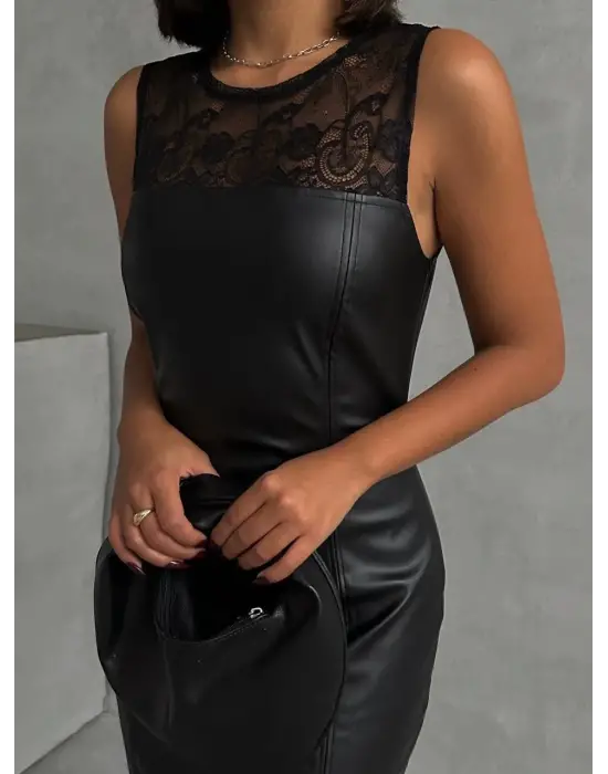 Üstü Dantelli Straplez Deri Elbise Siyah W24421