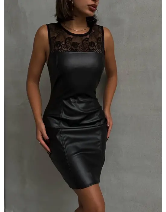 Üstü Dantelli Straplez Deri Elbise Siyah W24421