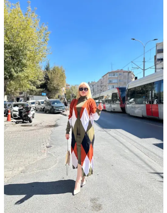 Uzun Hırka İçi Elbise İkili Triko Takım Ekose Baklava Desen Haki Kırmızı