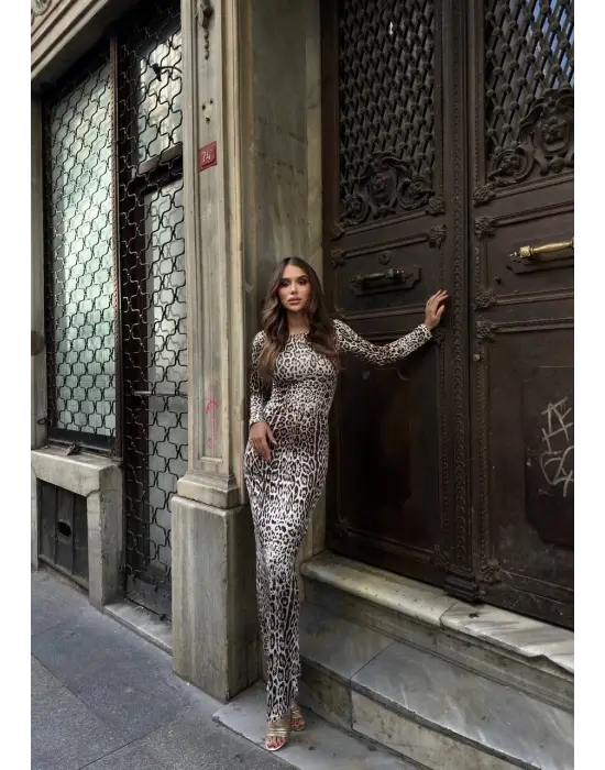 Uzun Leopar Desenli Elbise